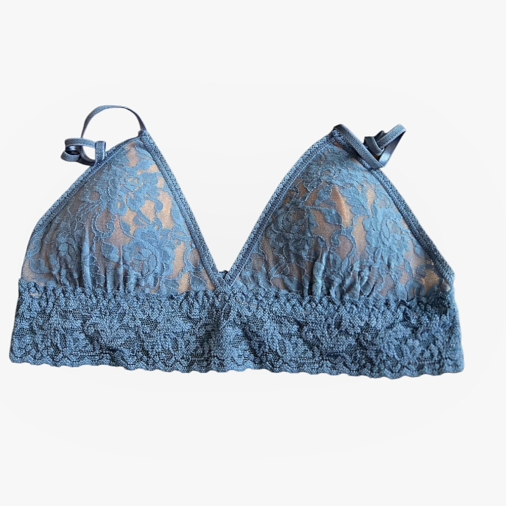 Quince Bralette Stretch Lace Sweetheart Size M Hard-To-Find Blue Floral